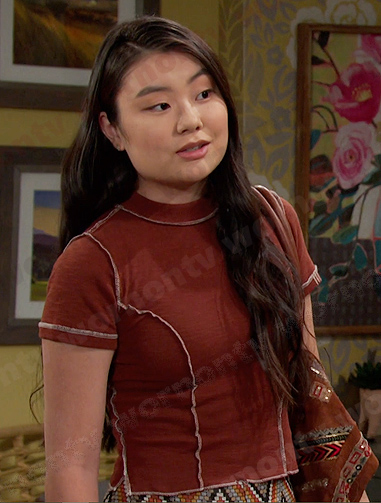 Wendy's brown tee and zig-zag pants on Days of our Lives