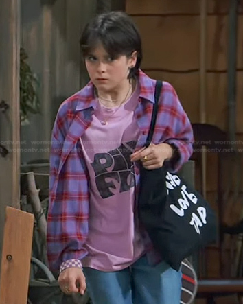 Whinnie’s pink tee and purple plaid shirt on Bunkd