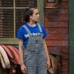 Winnie’s grey denim overalls and blue tee on Bunkd