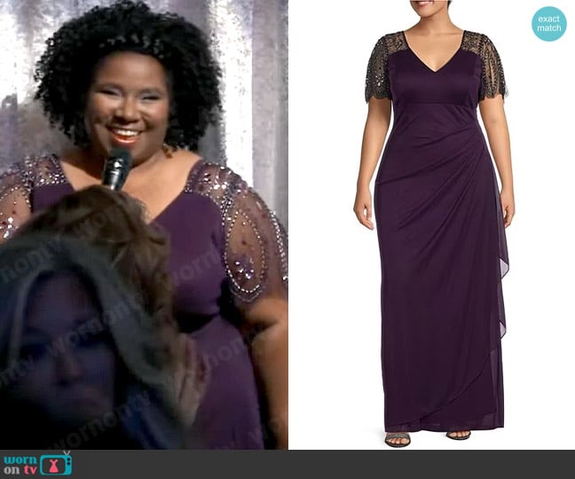 Xscape Beaded Short Flutter Sleeve V-Neck Jersey Gown worn by Deanna Sirtis (Dioni Michelle Collins) on General Hospital