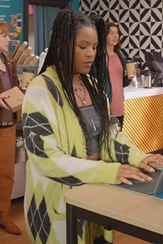 Mia's yellow argyle cardigan on Grand Crew