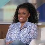 Yvette Nicole Brown’s blue floral print tie neck blouse on The Talk