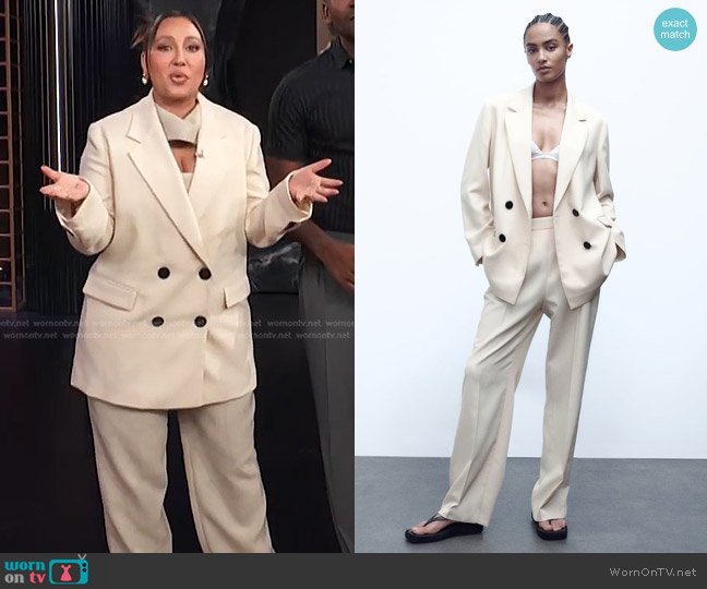 Zara Double Breasted Blazer and Pants in Ecru worn by Adrienne Houghton on E! News