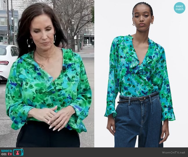 Zara Printed Top with Ruffles worn by Karen Swensen on Today