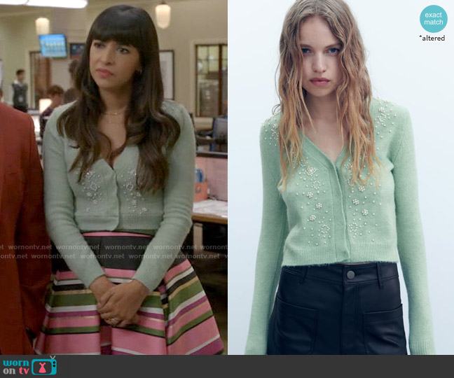 Zara Knit Cardigan with Pearl Beads worn by Sam (Hannah Simone) on Not Dead Yet