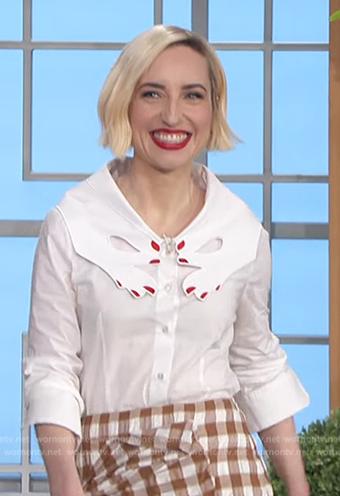 Zoey Lister Jones' hand collar blouse and drape mini skirt on The Talk