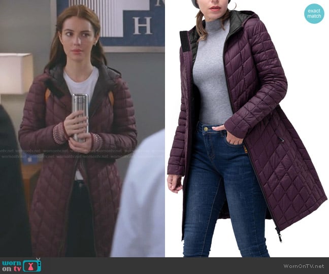 33,000ft Thermolite Long Hooded Puffer Jacket in Maroon worn by Jules Millin (Adelaide Kane) on Greys Anatomy