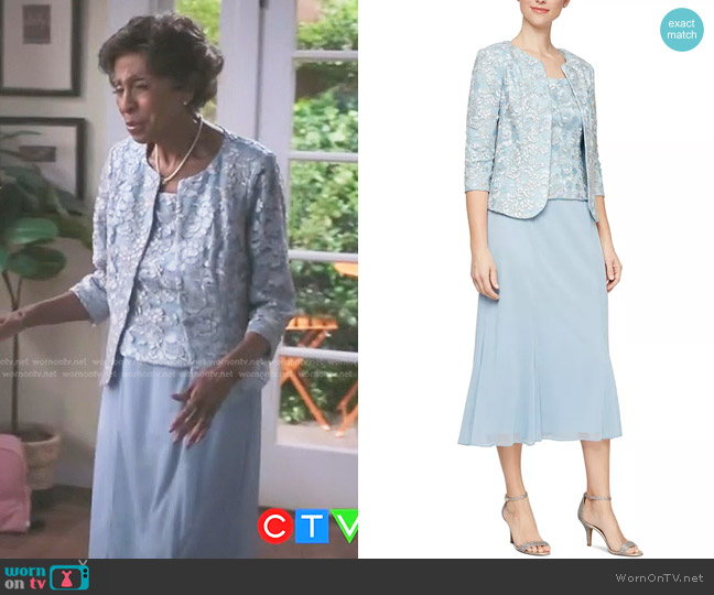 Edith’s blue embroidered jacket and skirt on Greys Anatomy