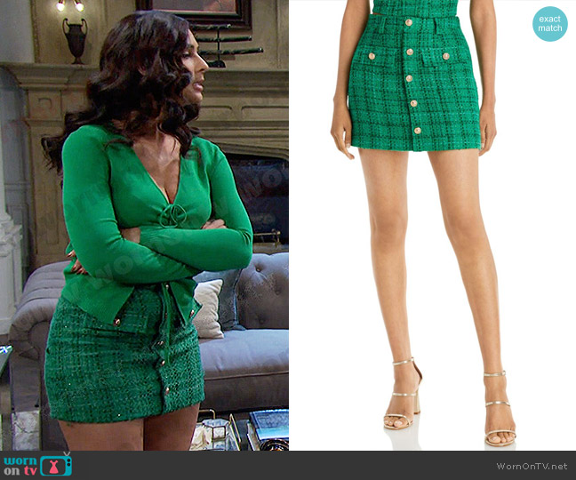 AQUA x Maeve Reilly Tweed Mini Skirt in Green worn by Gabi Hernandez (Camila Banus) on Days of our Lives