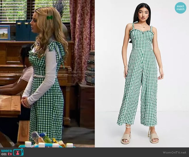 Asos Sweetheart Neck Jumpsuit with Tie Shoulder in green gingham worn by Destiny Baker (Mallory James Mahoney) on Bunkd