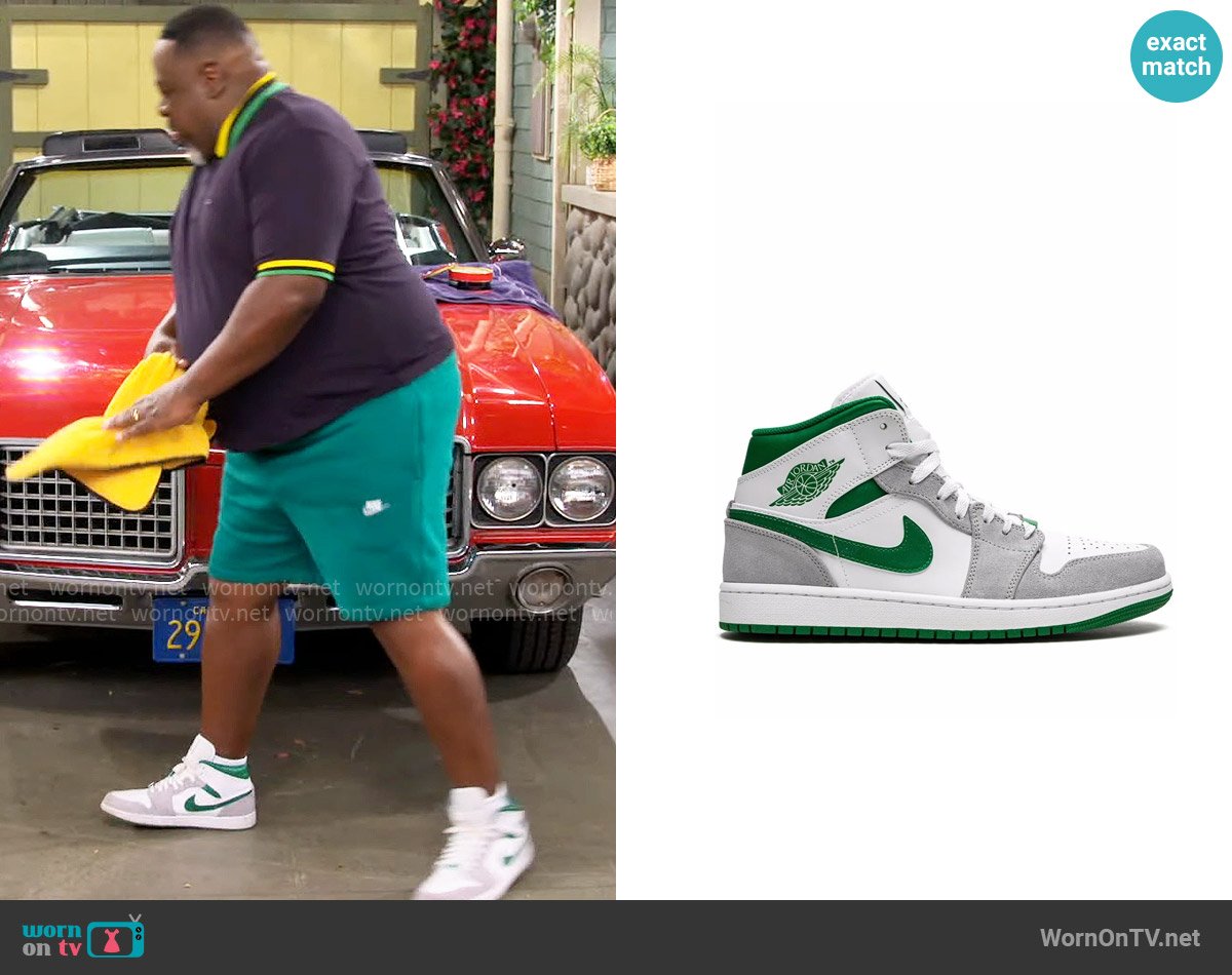 Nike Air Jordan 1 Mid Sneaker in Grey / Pine Green / White worn by Calvin (Cedric The Entertainer) on The Neighborhood