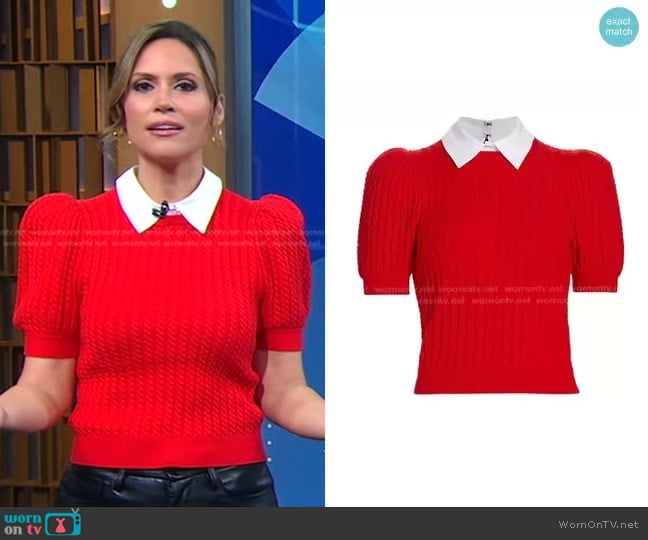 Alice + Olivia Chase Cable-Knit Puff-Sleeve Sweater in Perfect Ruby White worn by Rhiannon Ally on Good Morning America