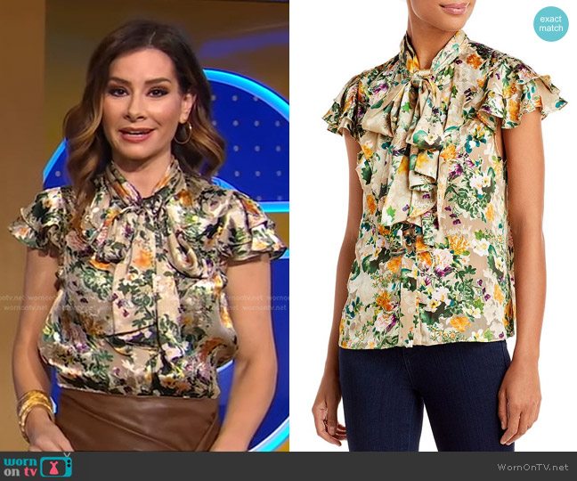 Alice + Olivia Jeannie Floral Burnout Bow Collar Blouse worn by Rebecca Jarvis on Good Morning America