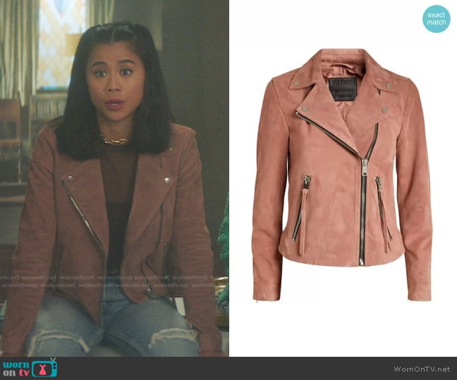 All Saints Dalby Suede Biker Jacket worn by George Fan (Leah Lewis) on Nancy Drew