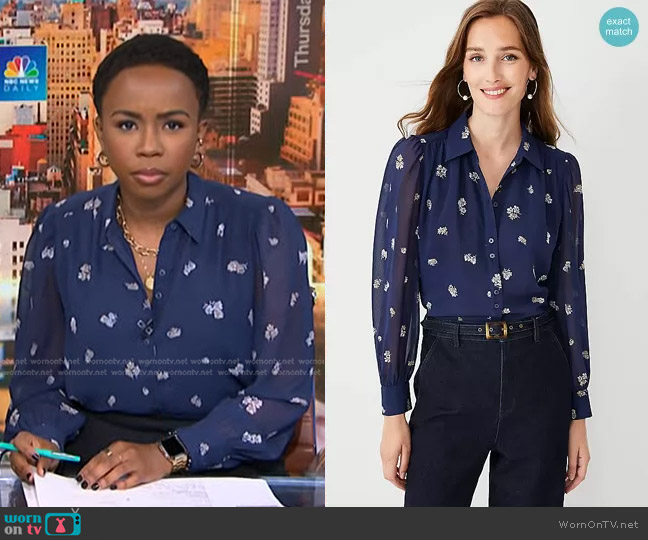 Ann Taylor Floral Collared Button Down Blouse worn by Zinhle Essamuah on NBC News Daily