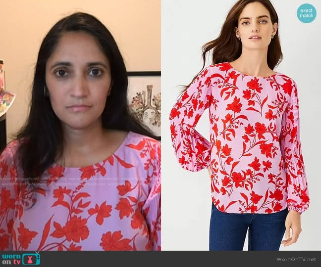 Ann Taylor Floral Pleated Sleeve Boatneck Top worn by Dr. Kavita Patel on NBC News Daily