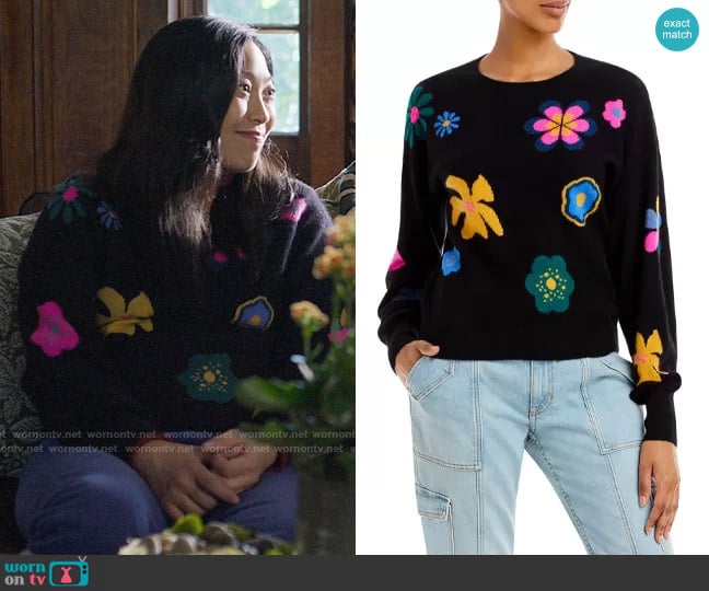 Aqua Retro Floral Intarsia Cashmere Sweater worn by Nora Lum (Awkwafina) on Awkwafina is Nora From Queens