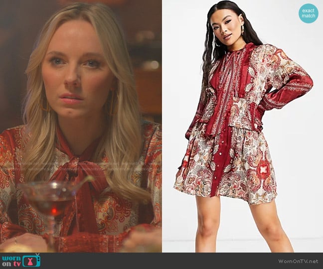 Aria Cove Shirred Detail Mini Skater Dress with neck tie in vintage wine print worn by Claire Badgley (Seri DeYoung) on Good Trouble