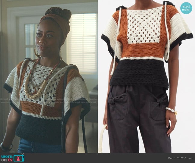 Batsheva Hooded Crochet Short-sleeve Sweater In Cream Brown worn by Malika Williams (Zuri Adele) on Good Trouble