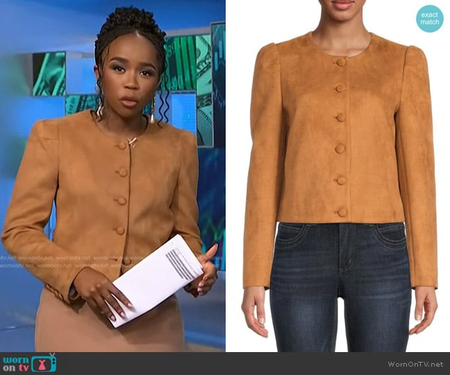 Bcbgmaxazria Puff Sleeve Collarless Jacket worn by Zinhle Essamuah on NBC News Daily