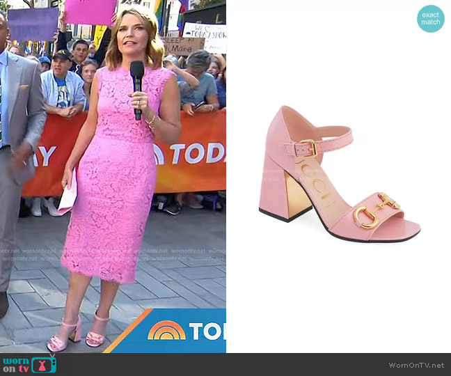 Gucci Baby Buckle Horsebit Ankle-Strap Sandals worn by Savannah Guthrie on Today