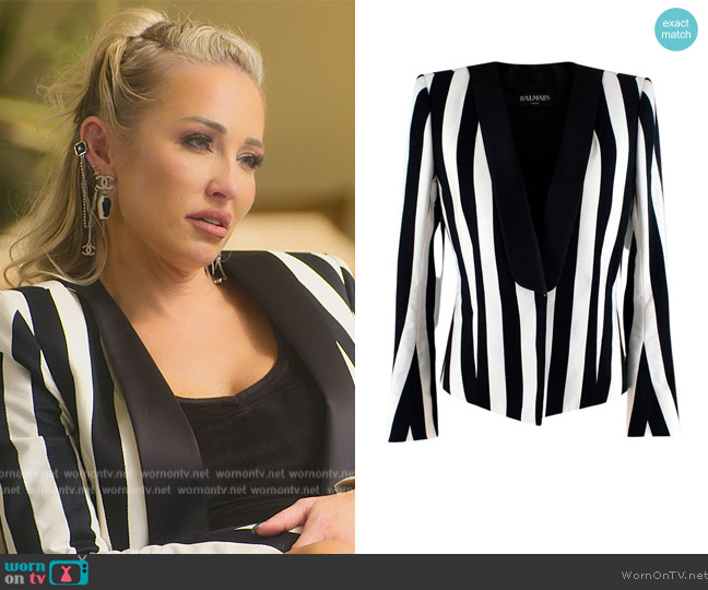 Balmain Black and White Striped Open Front Blazer worn by Mary Fitzgerald on Selling Sunset