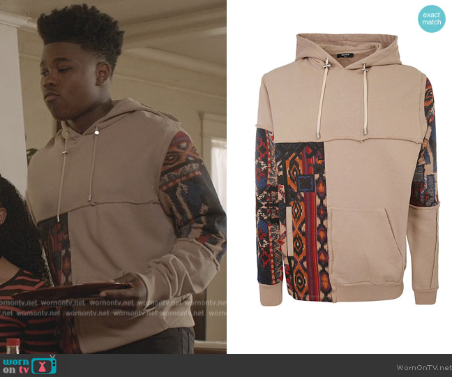 WornOnTV: Dillon’s beige patchwork hoodie on All American | Clothes and ...