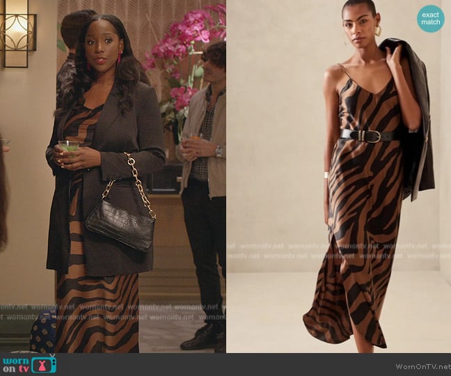 Banana Republic Zebra Stripe Midi Dress worn by Ashley Blaine Featherson (Ashley Blaine Featherson) on Grand Crew