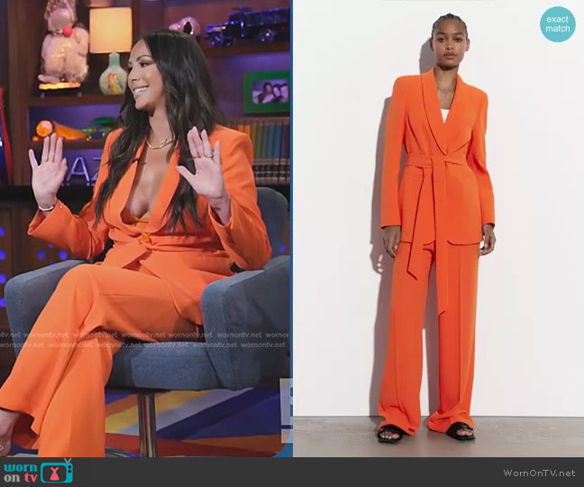 Zara Belted Tuxedo Collar Blazer and Pants worn by Kristen Doute on E! News