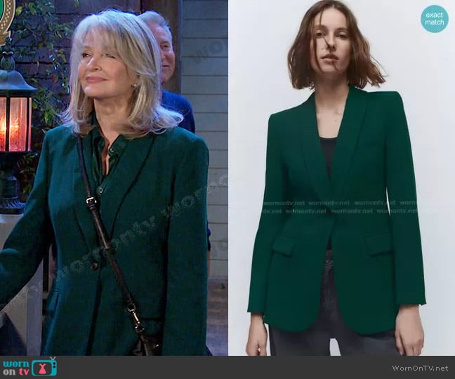 Zara Blazer with Tuxedo Collar in Green worn by Marlena Evans (Deidre Hall) on Days of our Lives