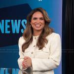 Carolina Bermudez’s white boucle jacket and mini skirt on E! News