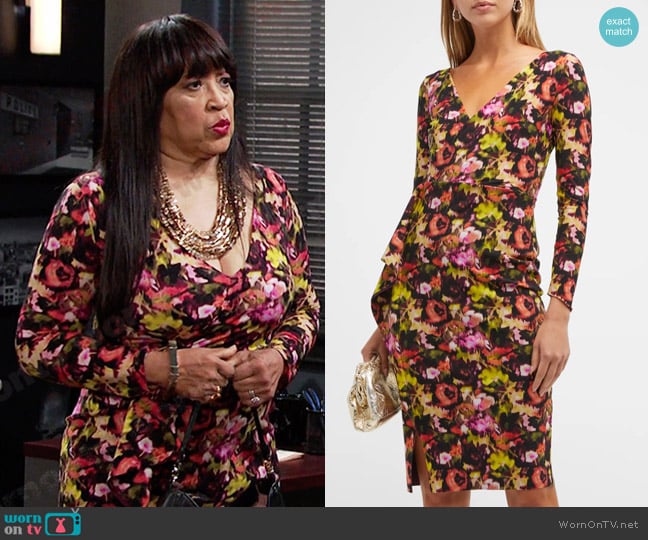 Chiara Boni La Petite Robe Gota Draped Floral-Print Sheath Dress worn by Paulina Price (Jackée Harry) on Days of our Lives