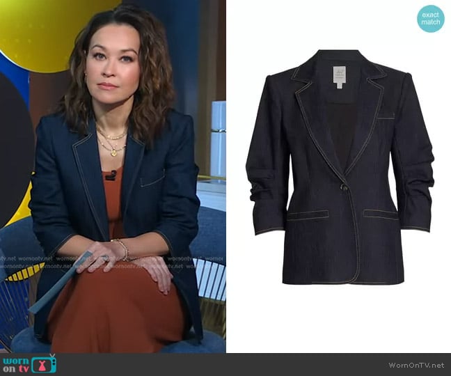 Cinq a Sept Khloe Ruched Sleeve Denim Blazer worn by Eva Pilgrim on Good Morning America