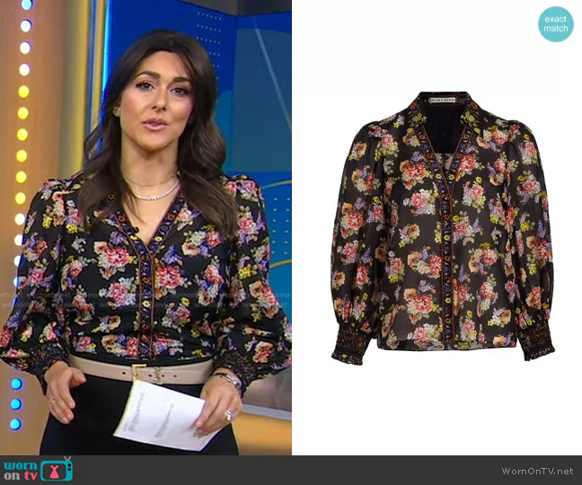 Alice + Olivia Cosima Top in Magnolia Floral Black worn by Erielle Reshef on Good Morning America