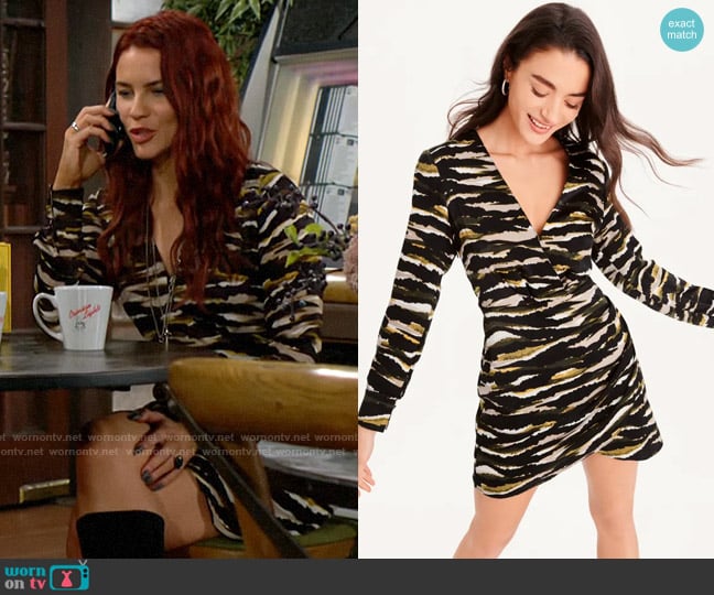 DKNY Printed Long Sleeve Wrap V-Neck Mini Dress worn by Sally Spectra (Courtney Hope) on The Young and the Restless