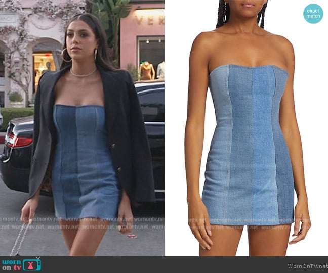 EB Denim Patchwork Denim Minidress worn by Sistine Stallone on The Family Stallone