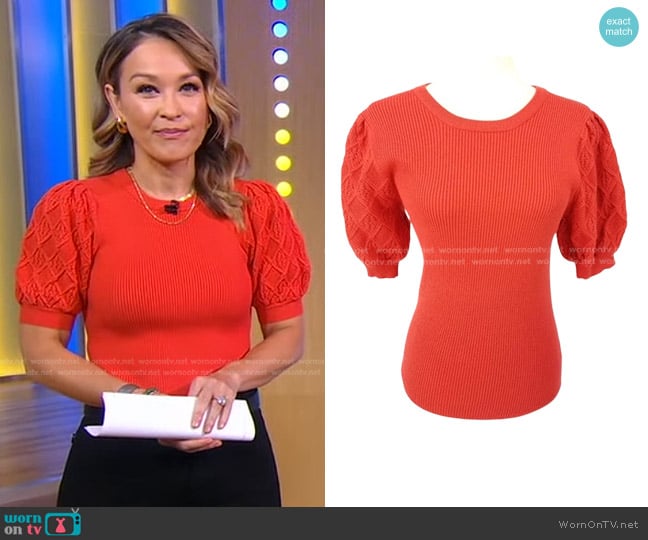 Elie Tahari Puff Sleeve Sweater in Summer Coral worn by Eva Pilgrim on Good Morning America