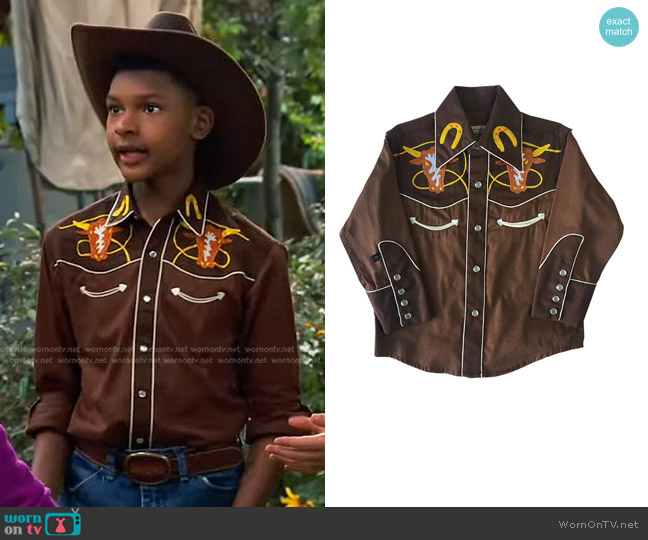 Rock Mount Kid's Embroidered 2-Tone Steer Western Shirt in Brown worn by Bill (Alfred Lewis) on Bunkd