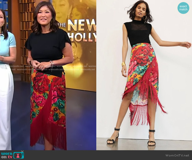 Farm Rio Benita Fringe Hem Printed Midi Skirt worn by Juju Chang on Good Morning America