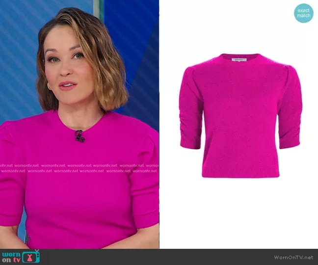 Frame Ruched Sleeve Cashmere-Wool Sweater in Magenta worn by Eva Pilgrim on Good Morning America