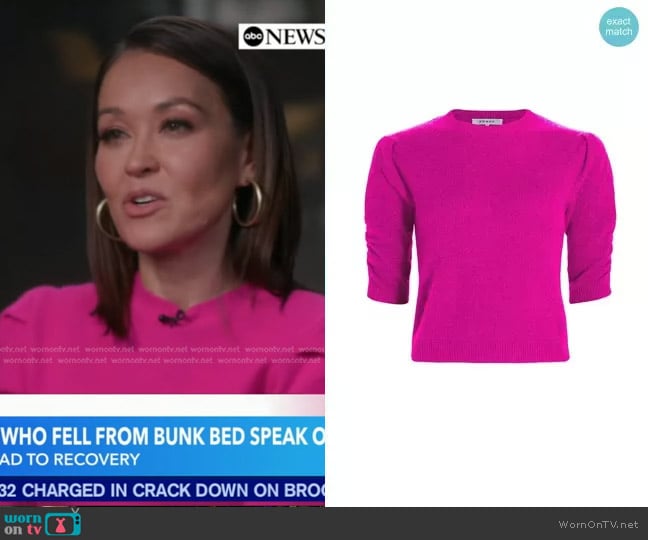 Frame Ruched Sleeve Cashmere-Wool Sweater in Magenta worn by Eva Pilgrim on Good Morning America