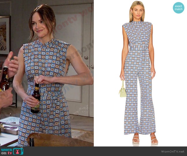 Free People Vibe Check One Piece Jumpsuit in Blue Combo worn by Stephanie Johnson (Abigail Klein) on Days of our Lives