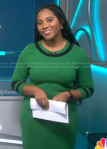 Kay Angrum’s green stripe trim knit dress on NBC News Daily