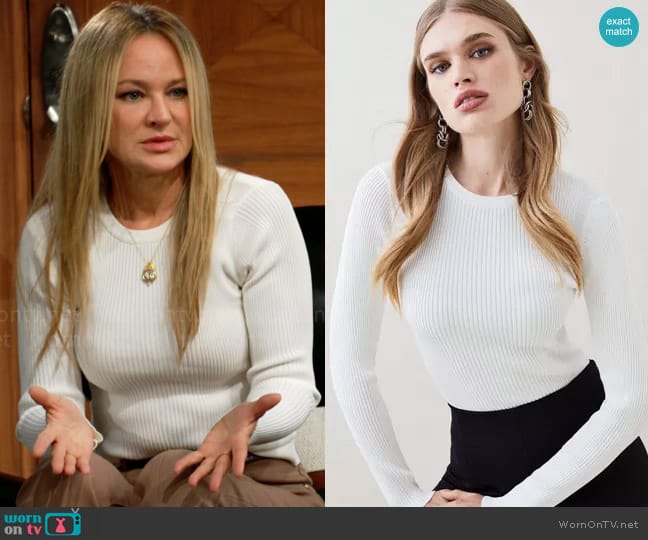 Karen Millen Rib Crew Neck Knit Jumper in Ivory worn by Sharon Newman (Sharon Case) on The Young and the Restless