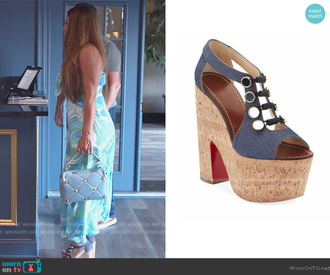 Christian Louboutin Ordonanette 160 Denim Platform Red Sole Sandals worn by Dolores Catania on The Real Housewives of New Jersey