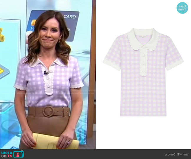 Maje Micro Checked Knit Polo worn by Rebecca Jarvis on Good Morning America