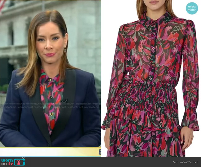 Milly Lacey Floral-Print Button-Down Top worn by Rebecca Jarvis on Good Morning America