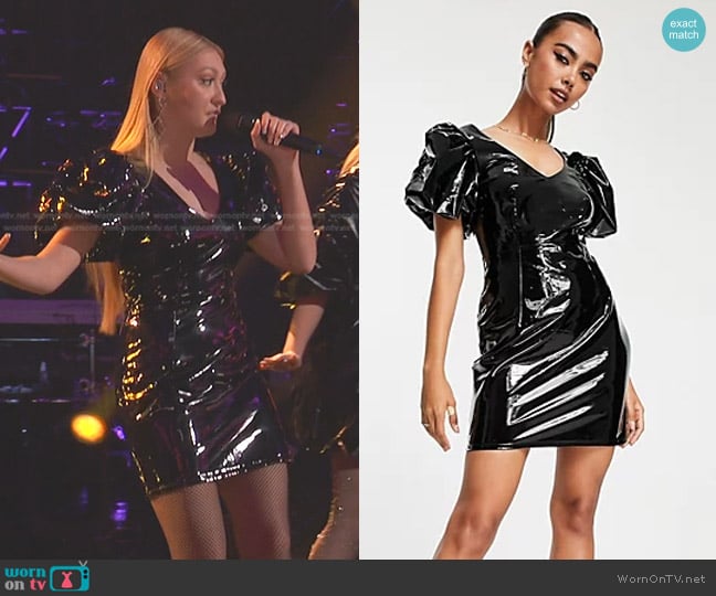 Miss Selfridge Vinyl Faux Leather Extreme Puff Sleeve Mini Dress worn by Madi Heichel on The Voice