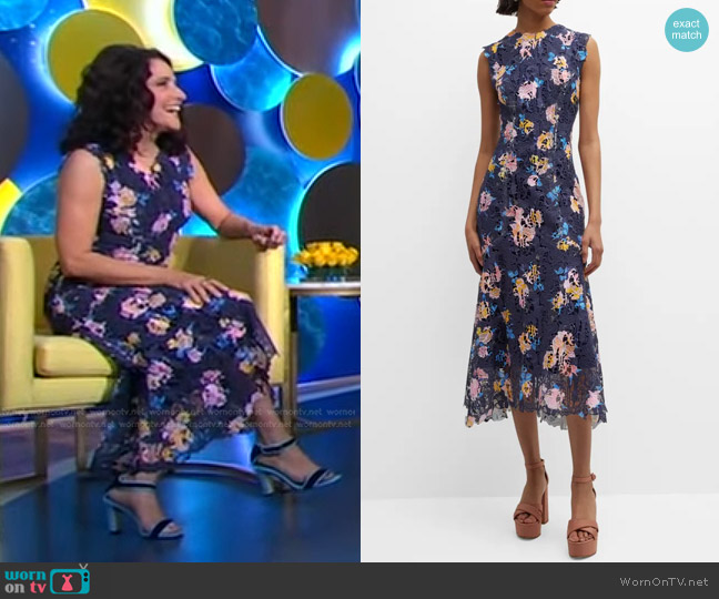 Monique Lhuillier Floral-Printed Lace Sleeveless Midi Dress worn by Julia Louis-Dreyfus on Good Morning America