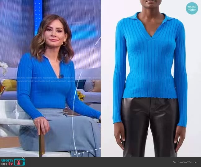 Petar Petrov Fiora Ribbed-Knit Merino Polo Top worn by Rebecca Jarvis on Good Morning America